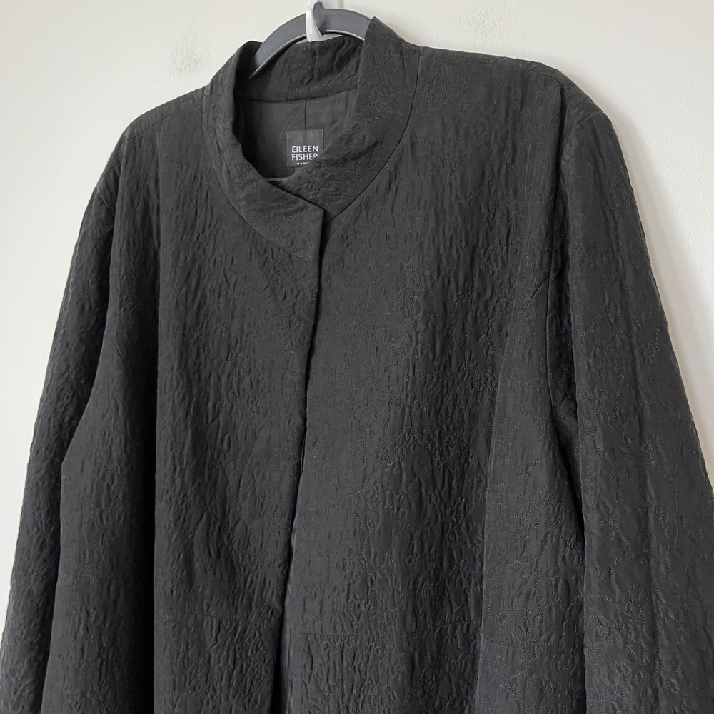 Eileen Fisher Quilted Stand Collar Silk Longline Open Jacket Womens 3X Black - Picture 4 of 12